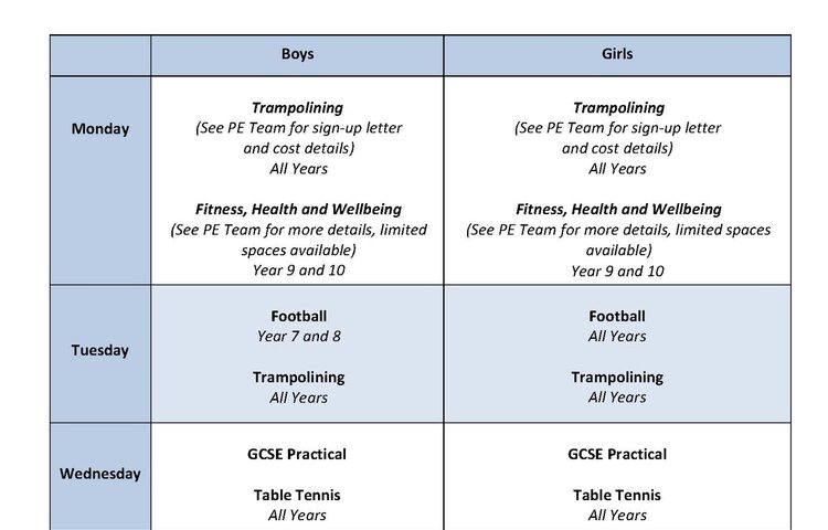 Image of PE Extracurricular Timetable has Lots to Offer